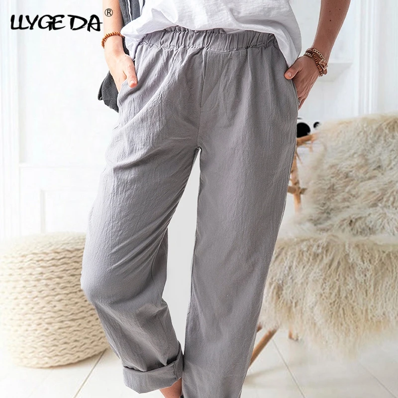 leather pants Cotton Linen Big Pocket Thin Women's Pants Solid Elastic Waist Pant For Women 2021 Summer Straight White Homewear Trousers capris Pants & Capris