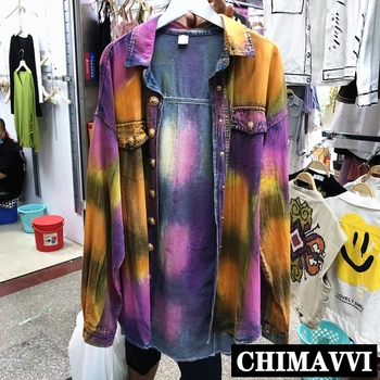 

2020 Autumn New Korean Cool Personality Tie-dye Gold Button Mid-length Shirt Streetwear Lady Loose Blouse Coat Large Size
