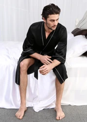19 Momme Kimono Silk Robe with Piping Man Customized Long-Sleeved Bathrobe Home Sleepwear Nightgown