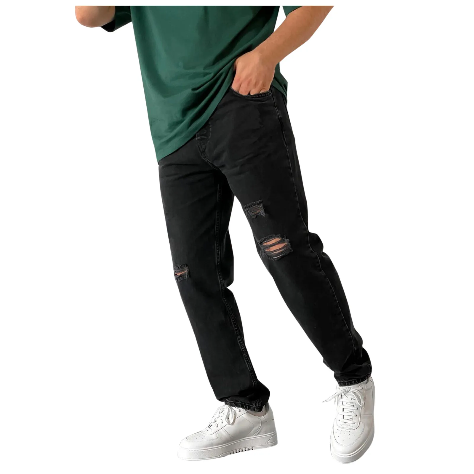New Fashion Men's Casual Solid Hole Denim Pencil Pants Zipper Fly Pocket Jeans Straight Pants Trousers джинсы для мужчин 1