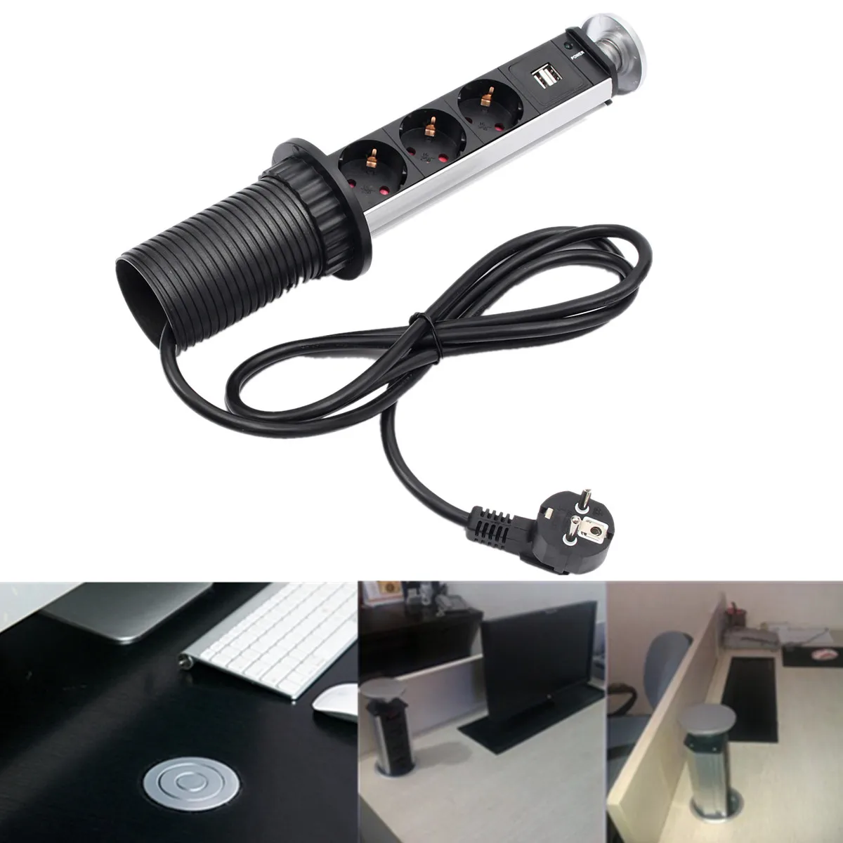 

16A Pull UP 3 Power Socket Dual USB Charging Port Kitchen Table Desktop Sockets Retractable Countertops Worktop