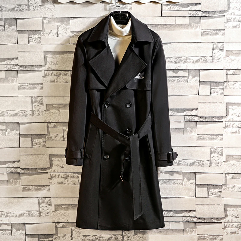 Двубортный Тренч, пальто для мужчин, длинное пальто, Мужская одежда, весна-осень, приталенное пальто с длинным рукавом, дизайн размера плюс - Цвет: Черный