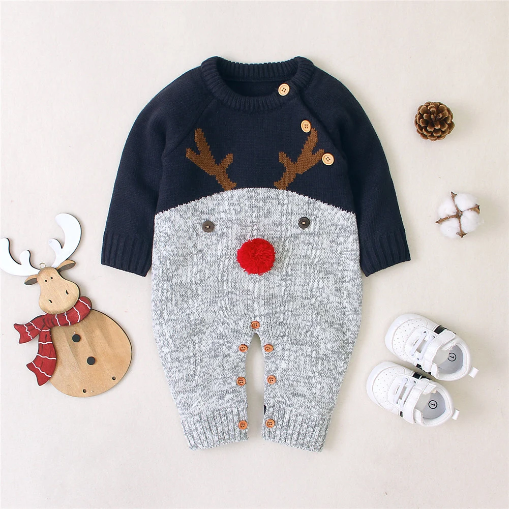 Brand Xmas Baby Kids Knit Infant Romper Sweater Jumpsuit Winter Warm New Boy Girl Deer Knitwear Deer Costume Baby Clothes