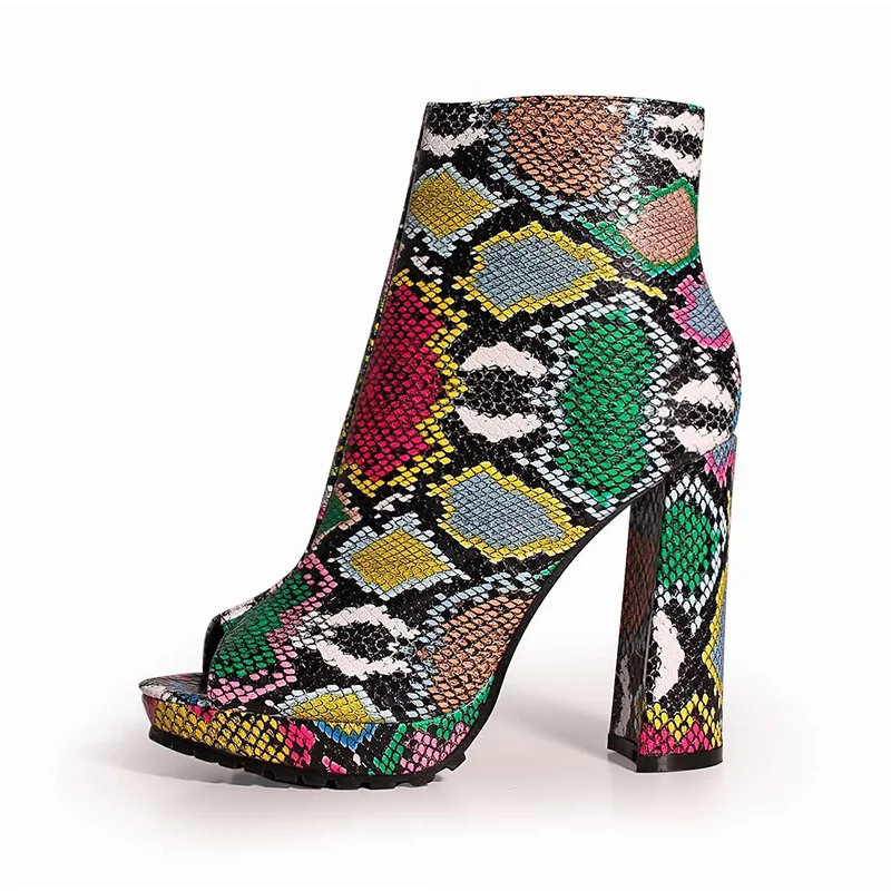 Новые женские ботильоны на молнии с открытым носком; Осенняя Дамская змеиная обувь на платформе с высоким толстым каблуком; женская модная обувь леопардовой расцветки