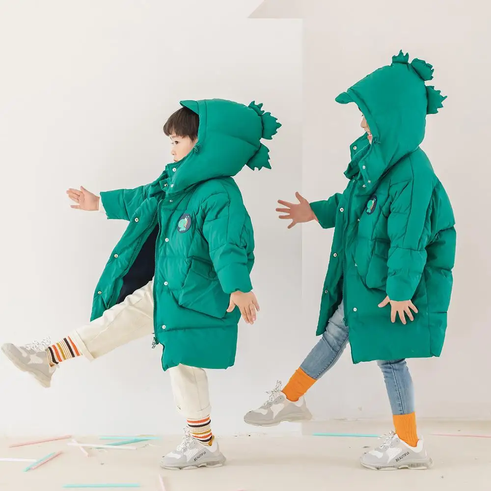 

new Winter Design Cartoon Dinosaur Unisex Children Thick Down Coats Chic Warm Boys Girls Long Outerwear Hooded Windproof Jackets