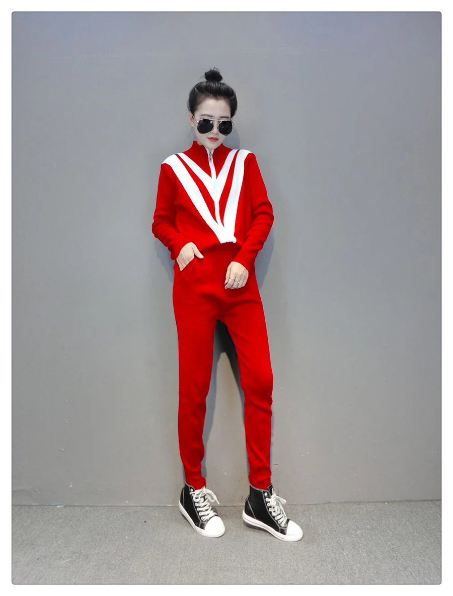 Amolapha Women Winter Hit Color Pachwork Knit Tops Sweater+ Pants 2PCS Sets Knit Tracksuits Outfits