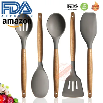 

5 Paper Set Wooden Handle Silica Gel Kitchen Ware No Stick Pan Cooking Spatula Colander Five Paper Suit Kitchen Tool