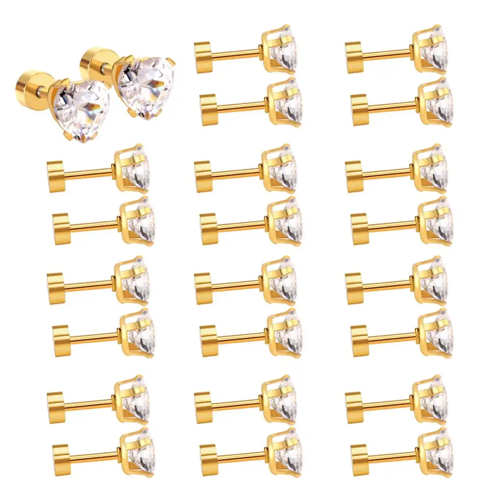 GOLD ASON стальные серьги в форме сердца, 12 пар/лот, серьги из нержавеющей стали с кубическим цирконием, золото/серебро, Женские аксессуары - Окраска металла: GOLD
