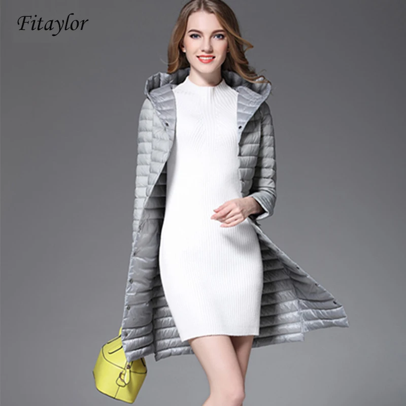 Fitaylor ультра легкий белый утиный пух длинная куртка плюс размеры 3XL осень зима для женщин с капюшоном однобортный портативный пуховые парки