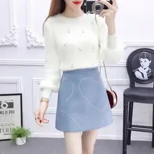  2021 Women Autumn Winter Woolen Skirt Suit Lady Beading Knitted Sweater+ Print Mini Skirt 2 Piece Set Female Casual Slim Set F23 