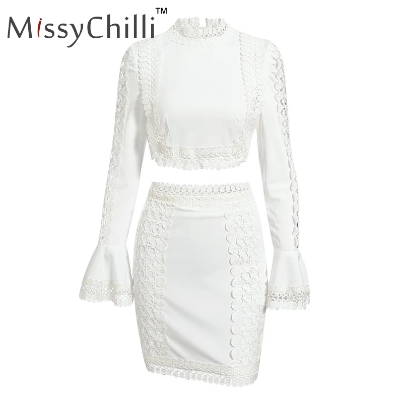 MissyChilli, сексуальное, кружевное, лоскутное, мини, белое платье, для женщин, 2 шт., с расклешенными рукавами, облегающее платье, Осенние, короткие, вечерние, для клуба, элегантное платье - Цвет: Белый
