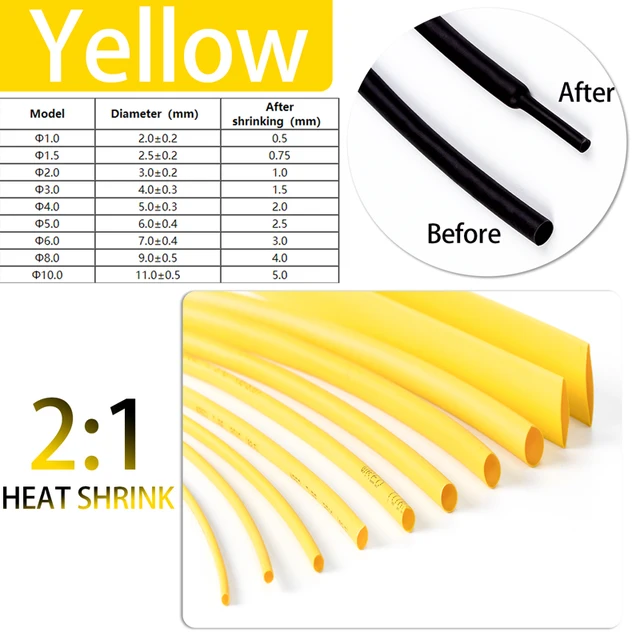 5 Meter 2:1 Black Red Green Blue Yellow 1 2 3 5 6 8 10mm Diameter Heatshrink Tubing Tube Sleeving Wrap Wire DIY Connector Repair YELLOW