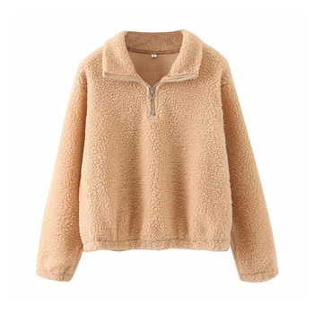 

Long Sleeve Solid Cropped Hoodie Women Autumn Winter Pullover Short Sweatshirt Plush Zipper Faux Fur Fluffly Sweatshirt