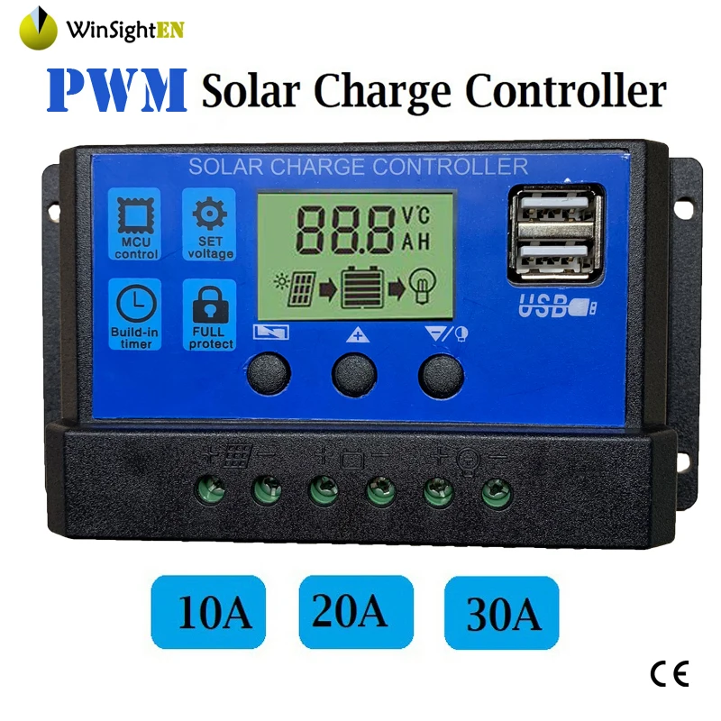 10 A Wandisy Controlador Solar PWM Controlador automático de Carga Solar 12/24V Controlador automático de Trabajo PWM con Salida Dual USB LCD 5V 
