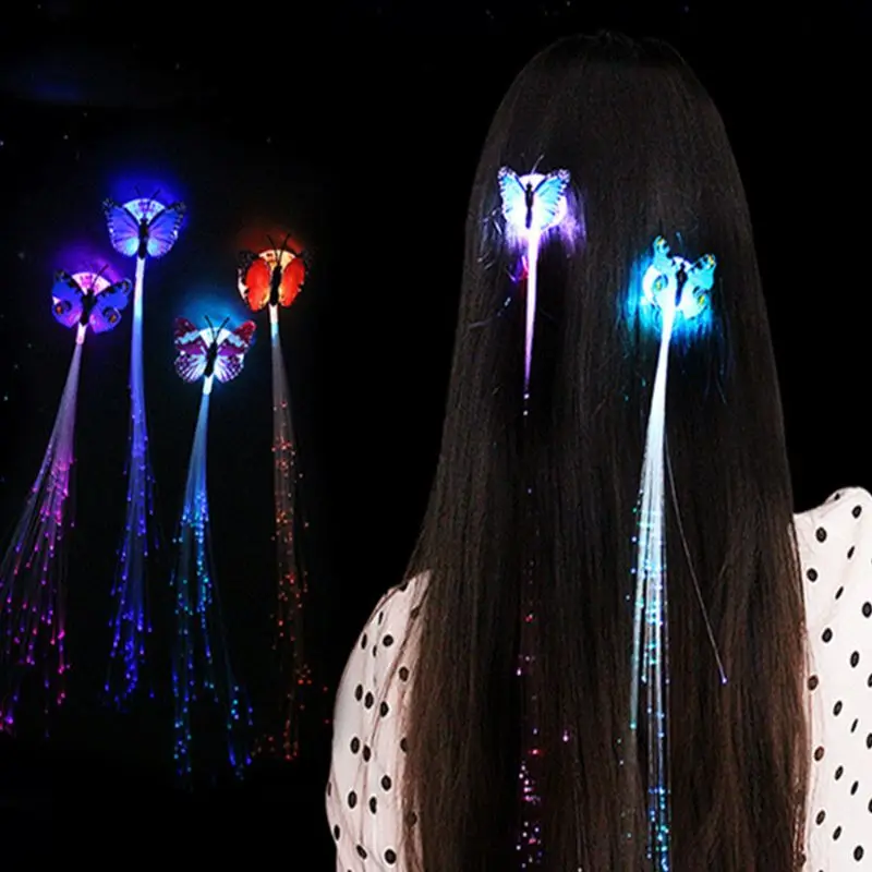 10Pcs LED Butterfly LED Flashing Fiber Hair Braid Barrettes Light Up Glow Hair Clips Colorful Wigs for Halloween Christmas Party