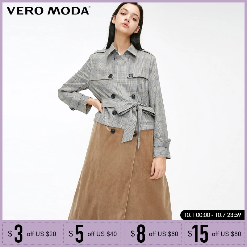 

Vero Moda new plaid splicing removable trench long coat Jacket| 318409513