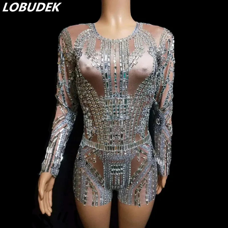 

Silver Full Rhinestones Long Sleeve Bodysuit DJ Singer Dancer Nightclub Elastic Stage Wear Nightclub Costume Crystals Jumpsuit