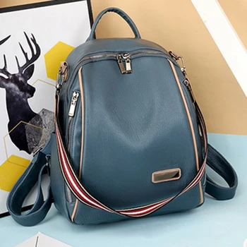 

Women 's Backpack 2020 Spring New Fashion Wild Quality Soft Leather Leisure Travel Large Capacity Blue Color Bag Purse