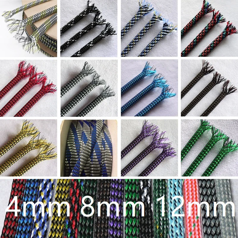 10M Colorful 4mm 8mm 12mm PP Conton PET Yarn Braided Cable Sleeve Mixed Expandable Flexible Insulate Wire Protector Wrap Sheath |