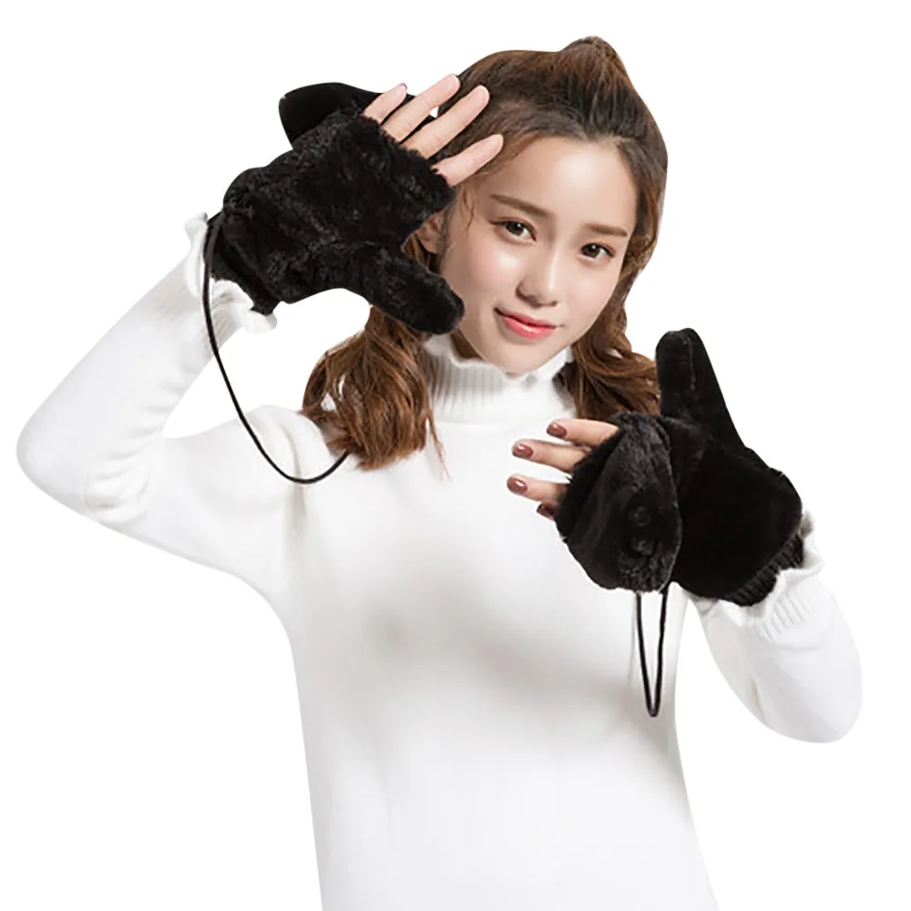Women's Rabbit Plush Hanging Neck Mittens Outdoor Riding Driving Thicken Gloves Fashion Hairry Flip Cover Half-Ringer Glove#A