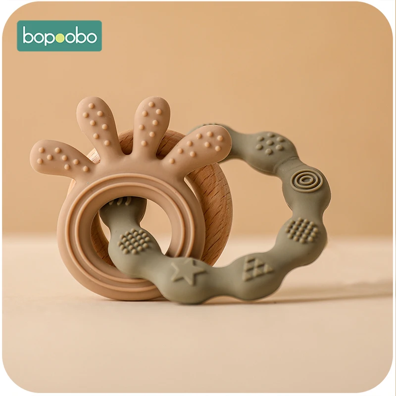 Bopoobo 1Pc Baby Silicone Teether Toys Pendant Bracelet Teething Natural Wood Ring Bracelet BPA Free Nursing Accessories for Kid