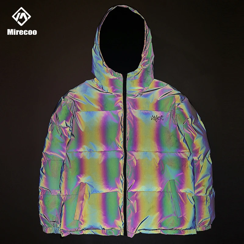 

Reversible Men Clothes Commander Jacket Men Rainbow Reflective Jackets Men Parka Coat Fashion Hip Hop Jacket Streetwear Outwear