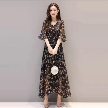 

Women's Spring Summer Style Chiffon Dress Women's Flare Sleeve V-neck Printed Plus Size Elegant Slim Dress SS1720