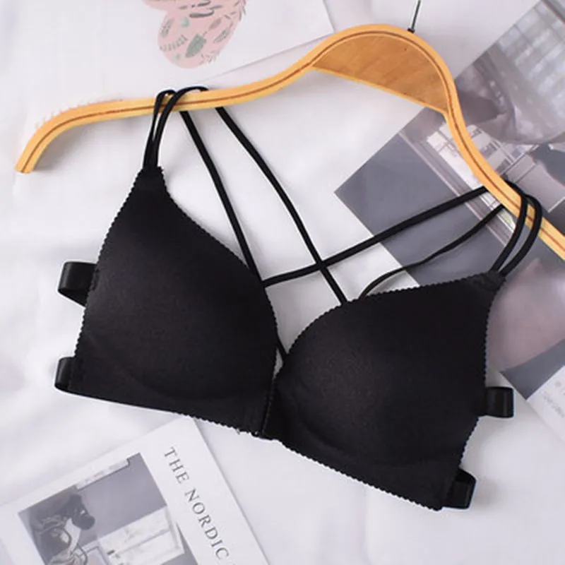 

Thin no steel ring front button bra for women cross back beauty gathering girl's thin shoulder belt underwear for women's bra