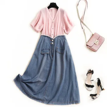 

Runway Designer Summer Dress Women 2020 New Fashion Clothing Short Sleeve V Neck Pearls Patchwork Midi Cotton Denim Dress