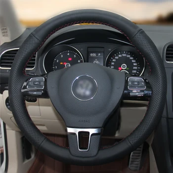

OLPAY DIY Black Genuine Leather Hand Sew Car Steering Wheel Cover for Volkswagen VW Gol Tiguan Passat B7 Passat CC Touran Jetta
