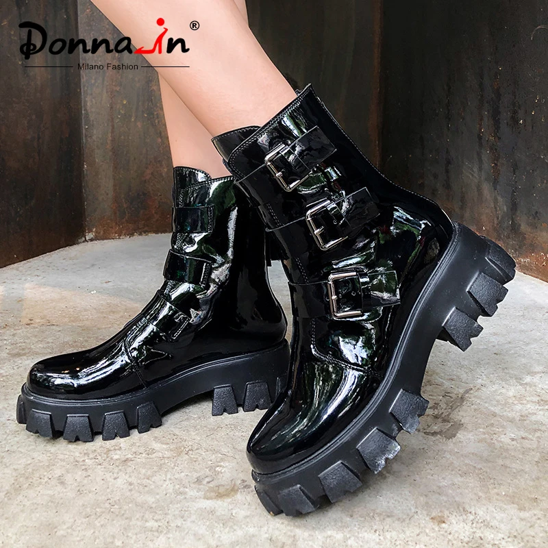 

Donna-in Genuine Leather Platform Winter Motorcycle Boots Women Gothic Shoes High Heels Buckle Zipper Fashion Punk Boots Black
