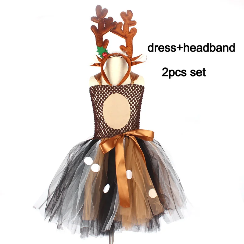 dress and headband Коричневое платье-пачка с оленем и повязкой на голову для девочек; праздничный костюм с животными для дня рождения; детское платье с лосем на Хэллоуин и Рождество; нарядные платья - Цвет: dress and headband