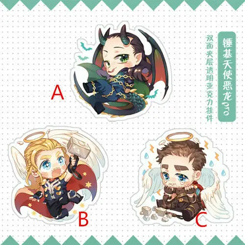 

Japanese Anime Marvel's The Avengers Loki Thor Angel devil Acrylic keychain Keyring 2-side Bedge Brooch Pins Cute Badges