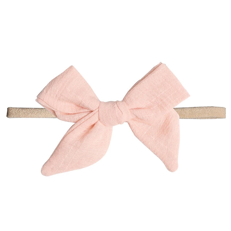 New Baby Toddler Cotton Linen Nylon Bow Headband Solid Color Seamless Kids Top Bows Elastic Hair Bands Headwrap Hair Accessories - Цвет: PINK