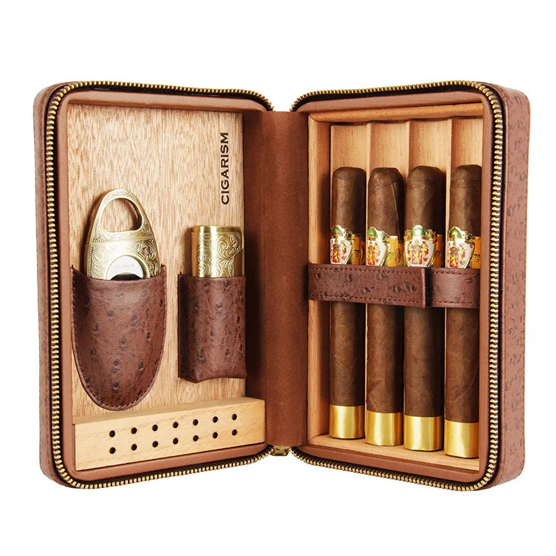 CIGARISM 4 графа страуса узор кожа испанский кедр сигары Дорожный Чехол Humidor Зажигалка резак набор