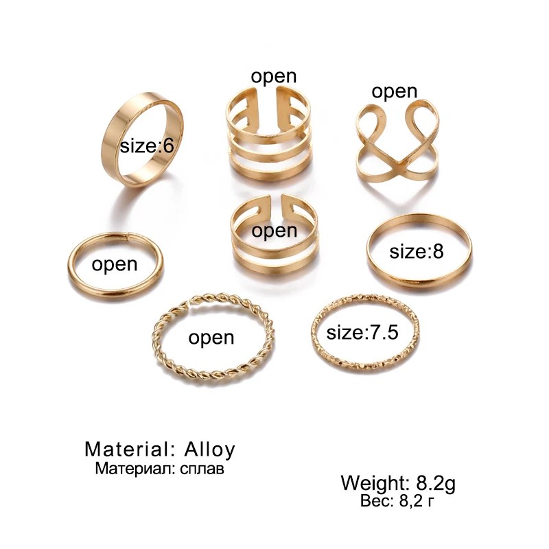 FAMSHIN 8 Pcs/Set Fashion Design Round Gold Color Rings Set For Women Handmade Geometry Finger Ring Set Female Jewelry Gifts