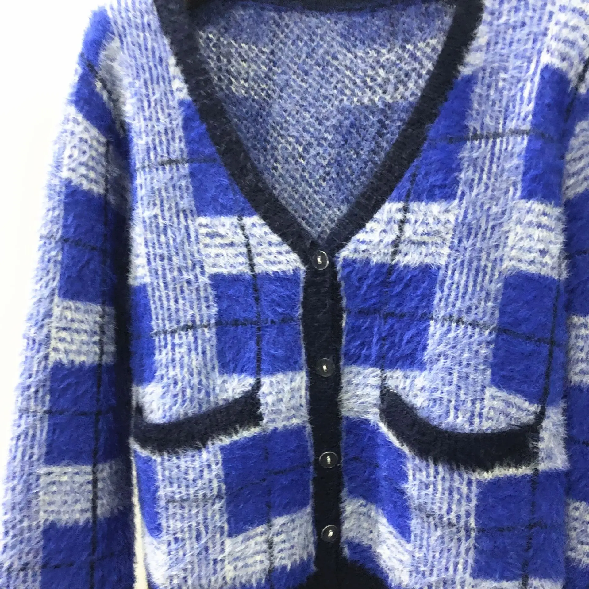 Green Plaid Cardigan Fuzzy Knit Front 