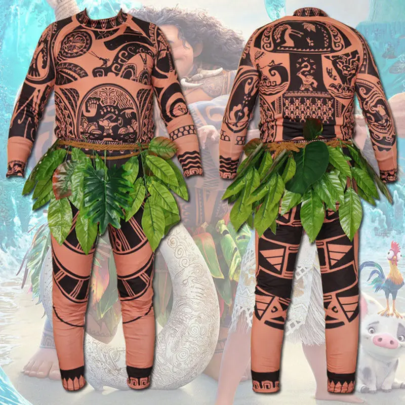 Ruewey Fantasia de Halloween para adultos, cosplay, fantasia de Moana Maui,  conjunto de camisetas e saias de folhas, Marrom, Small : : Moda