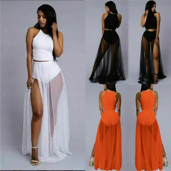 

Summer Women High Waist Mesh Beach Skirts See Through Sheer Side Split Skirt Solid Chiffon Long Cover Up Skirts