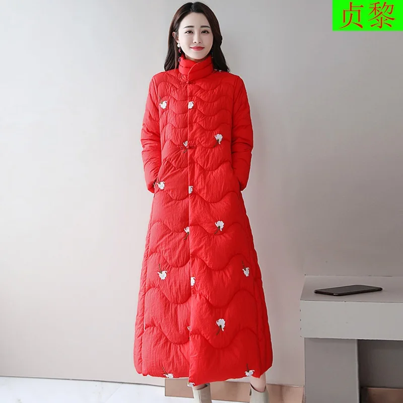 

Long over-the-Knee Chinese-style Retro Ethnic Cotton Coat Women's 2018 Winter New Style Goddess-Style Thick down Feather Cotton