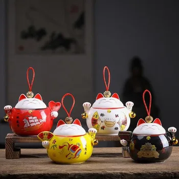 

Ceramic Lucky Cat Tea Caddy Sealed Storage Tea Box Jar Teaware for Wedding Birthday Creative Gift Auspicious Home Decor