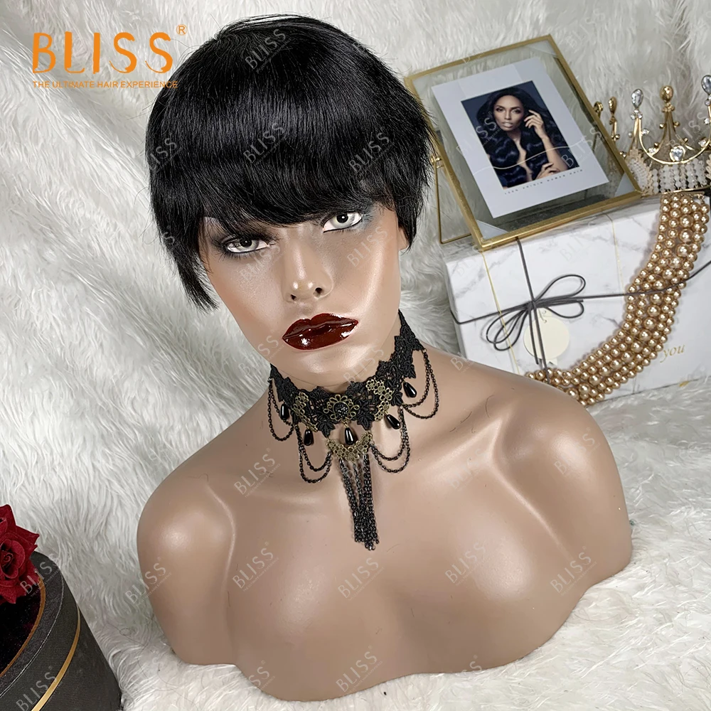 

BLISS Short Pixie Cut Human Hair Wigs Brazilian Fringe Bob Wig For Women Natural Black Straight Non Lace