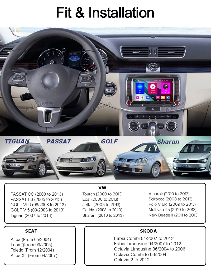 Sale A-Sure 8 Core 4G RAM Android 9.0 Auto Radio GPS DVD Player For Volkswagen VW PASSAT B6 Polo Sharan TIGUAN GOLF Transport T5 Seat 7