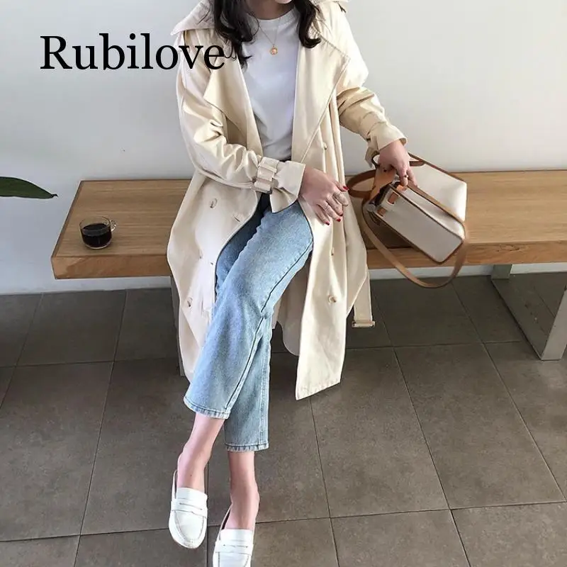 Rubilove женский двубортный плащ с поясом Классический воротник с лацканами свободная Длинная ветровка Русский стиль Верхняя одежда
