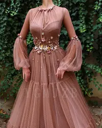 Элегантные розовые кружевные Выпускные платья трапециевидной формы с длинными рукавами, 3D цветами, жемчугом, Саудовской Аравией, женские