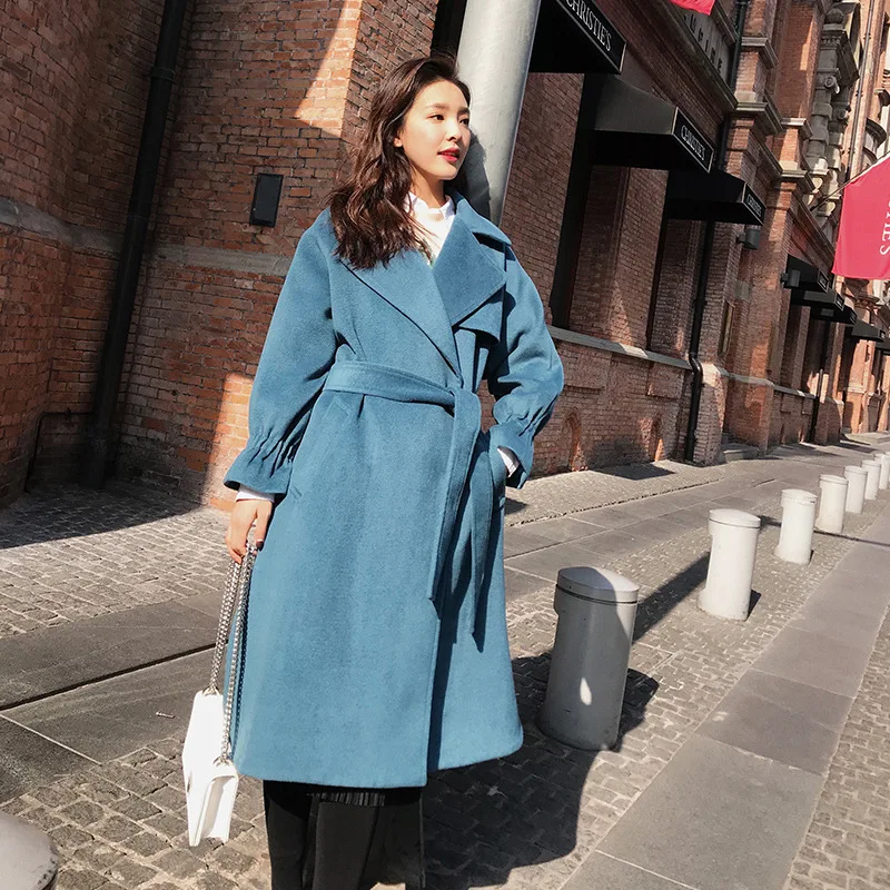 Синее шерстяное пальто женская одежда с рукавами однотонное зимнее повседневное