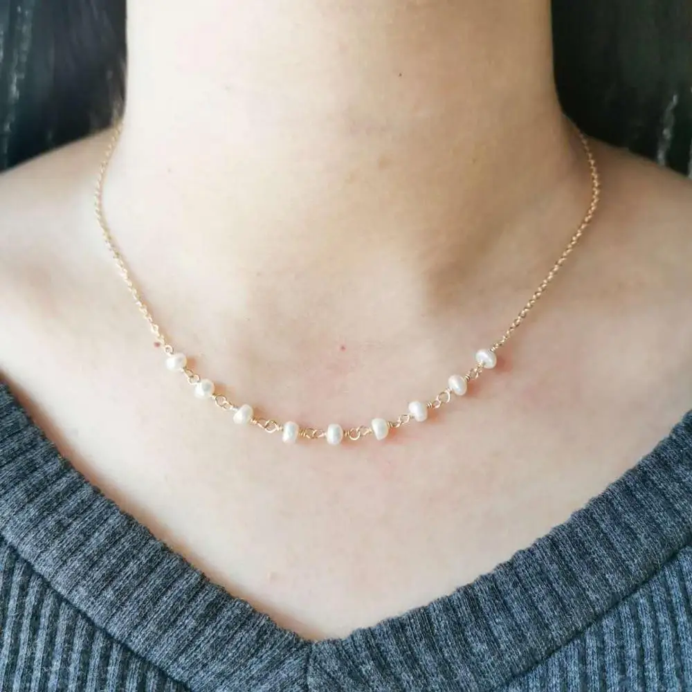 

Dainty Genuine Freshwater Pearl Necklace 14K Gold Filled Neck Chain Pendants Hand Made Knitting Choker Boho Women Pearl Necklace