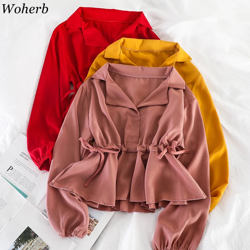 

Woherb 2019 Autumn New Womens Tops and Blouses Casual Solid Office Lady Work Shirt Drawstring Slim Waist Crop Blusas Femme
