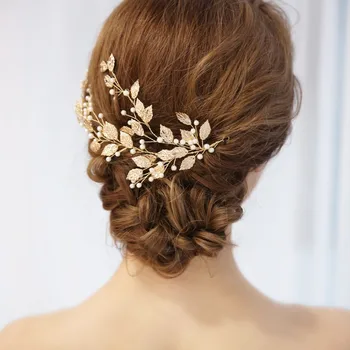 

NPASON Hot Sales Gold Leaf Style Faux Pearl Bridal Wedding Headband For Women