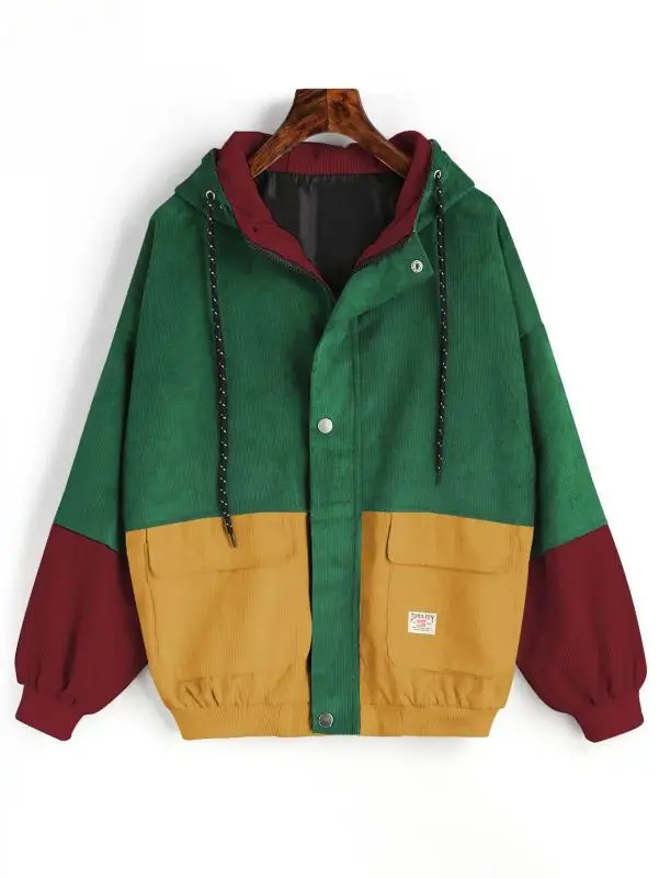 

Couple Jacket Jacket College Wind Student Loose Color Matching Hooded Baseball Uniform Corduroy Tooling Female Tide Hoodie